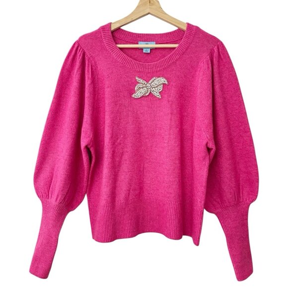 CeCe‎ Cozy Balloon Sleeve Sweater Crystal Appliqué Pink Crew Neck Preppy Spring - Picture 1 of 9